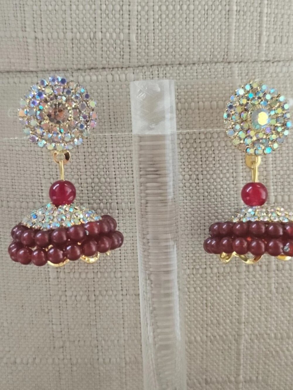 Indian Jhumka Earrings Burgundy Tone Beads Gold Tone Ethnic Fashion Ear Jewelry - Picture 9 of 13